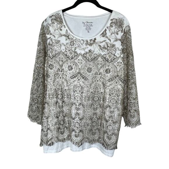 Chico's Lace Overlay Top Cream Ivory‎ Size 2 M Sheer Fringe Long Sleeve Blouse - Picture 1 of 7